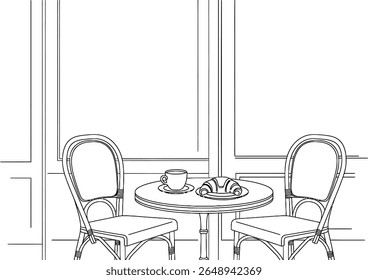 Elegantes Café Frühstückstisch Linie Kunstdarstellung mit Croissant und Kaffee