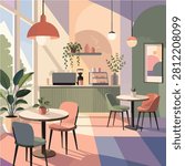 Elegant cafe interior illustration with counter dining tables plants arch windows and warm sunlight for restaurant poster background and hospitality design
