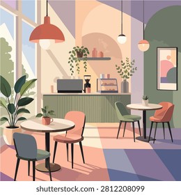 Elegant cafe interior illustration with counter dining tables plants arch windows and warm sunlight for restaurant poster background and hospitality design