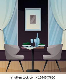 Elegant cafe interior with served table for two, pair of chairs, large windows, curtains