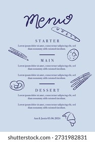 Elegante design de menu de café em bege e marrom com três seções. Ilustrações desenhadas à mão de donut, rolo de canela, croissant, cupcake, pretzel e fatia de bolo complementam o estilo de texto manuscrito. Ideal para placas de menu de cafeteria, sinalização de café e marketing de restaurante de pequenas empresas com sua estética acolhedora e convidativa.