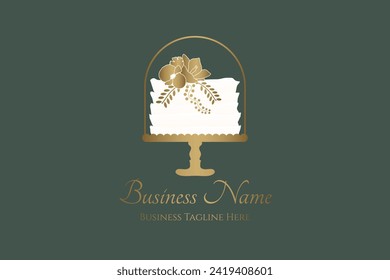 Elegant Cake Bakery Logo Design on Green Background with White and Gold Colors