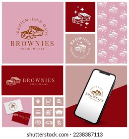 ELEGANT CAKE BROWNIES LOGO WITH ICON AND PATTERN SET