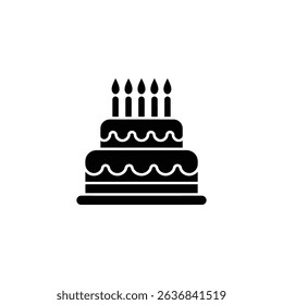 Elegant cake icon featuring a two-tiered design, topped with five lit candles, ideal for celebrations and minimalist designs, depicted in solid black on white.
