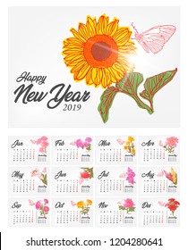 Elegant Calendar 2019 with  flowers month of birth.