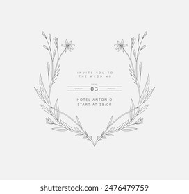 Elegant caligraphic floral frame and trendy botanical elements. Wedding gentle wildflowers for invitation save the date card. Botanical