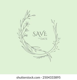 Elegant caligraphic floral frame and trendy botanical elements. Wedding gentle wildflowers for invitation save the date card. Botanical vector