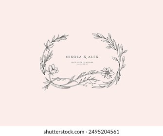 Elegant calligraphic botanical wreath, floral frame and graceful branches. Wedding wildflowers for invitation save the date card. Botanical feminine rustic vector illustration