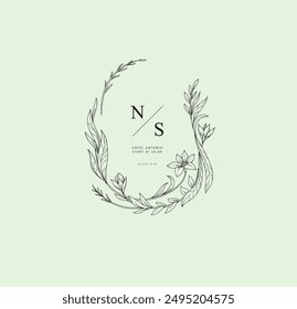 Elegant calligraphic botanical wreath, floral frame and graceful branches. Wedding wildflowers for invitation save the date card. Botanical feminine rustic vector illustration