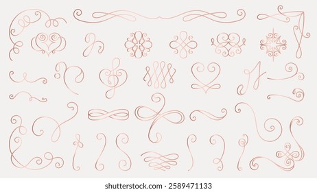 Elegant calligraphic flourishes and swirls in a delicate pink hue. Decorative flourishes, ornate swirls, and intricate calligraphic designs for creative projects. Hand drawn ornament vector set.