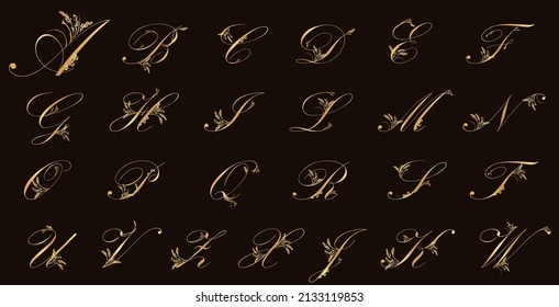 Elegant Calligraphic Font. Floral golden decorative font, capital letters.