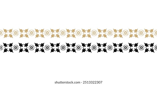 Elegant  Calligraphic Frame and Ornamental Gold and Black Dividers: A Set of Decorative Seamless Ornamental Gold Borders and Classic Luxury Jewelry-Inspired Design Elements. Vector Illustration.