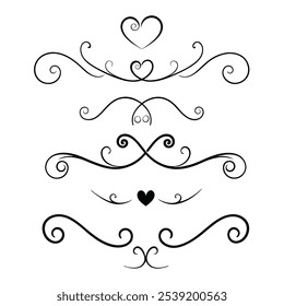 Elegant calligraphic heart flourishes with swirls and decorative lines. Perfect for Valentine’s Day, wedding invitations, or romantic designs, adding a classic touch to your project.