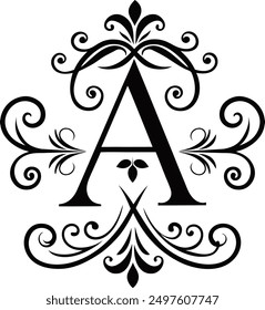 The "Elegant Calligraphic Letter A Logo" features a bold, sophisticated letter "A" encircled by ornate, intricate flourishes that evoke classic elegance. The design's symmetry and decorative swirls.