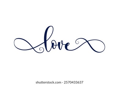 Elegant Calligraphic Love Design, Romantic Swirls, Cursive Script, Infinity Symbol, Blue Ink, White