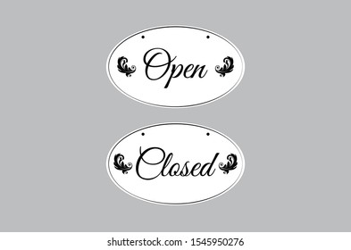 Elegant Calligraphic OPEN CLOSED OVAL SIGNS with Ornaments in Black and White