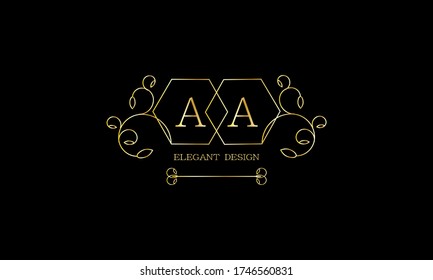 Elegant calligraphic ornament with two letters A. Gold monogram on a black background. Business sign is identical for a boutique, jewelry, restaurant, cafe, hotel, labels.