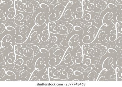 Elegant calligraphic seamless pattern with swirls and curls in white over a muted gray background. Ideal for stationery, packaging, and fabric design.