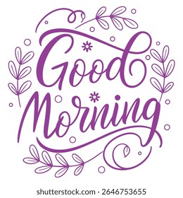 Elegant “Good Morning” calligraphy art with purple typography and floral accents. Perfect for greeting cards, morning wishes, social media posts, and printable decor.
