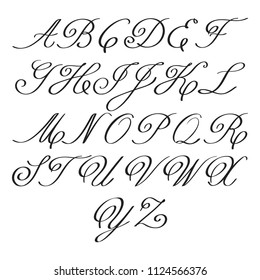 Elegant calligraphy letters with florishes. Handwritten Classic alphabet with swirls and curves. Uppercase letters, monograms. Hand drawn modern script.