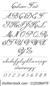 Elegant calligraphy letters with florishes. Handwritten Classic alphabet with swirls and curves. Uppercase and Lowercase letters, numbers, monograms. Hand drawn modern Coliostro Fon script.