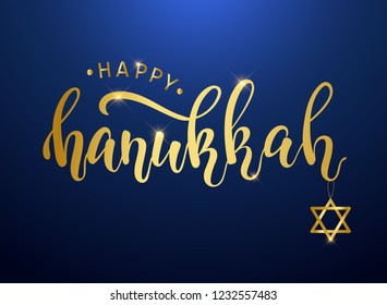 Elegant calligraphy quote 'Happy Hanukkah' on a dark blue background decorated by a star of David. Golden lettering quotation is perfect for posters, banners, greeting cards, prints design ideas. 