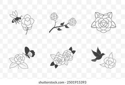 Elegante conjunto de Vectores de arte Camellia Line con Diseños florales detallados para proyectos creativos