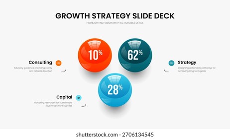 Elegant Campaign Frame Layout Vector Illustration. Company Growth 3 Step Infographic Slide Design. Modern Report Three Element Diagram Slideshow Template.