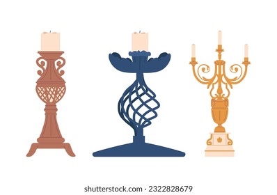 Elegant Candleholders Designed Of Bronze, Iron And Gold. Crafted With Precision, Cartoon Vector Illustration