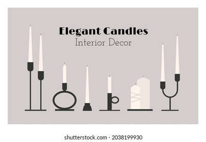 Elegant candles interior decor elements set. Vintage mid century minimal style black candle holders and candelabrum collection. Home interior aesthetic inspiration modern candles vector icon set.