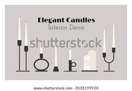 Elegant candles interior decor elements set. Vintage mid century minimal style black candle holders and candelabrum collection. Home interior aesthetic inspiration modern candles vector icon set.