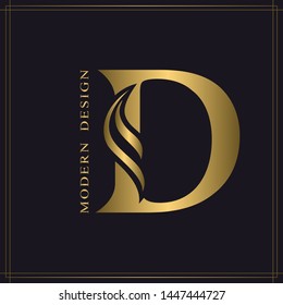 Elegant Capital letter D. Graceful Royal Style. Calligraphic Beautiful Logo. Vintage Gold Drawn Emblem for Book Design, Brand Name, Business Card, Restaurant, Boutique, Hotel. Vector illustration