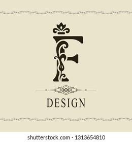 Elegant Capital letter F. Graceful royal style. Calligraphic beautiful logo. Vintage floral drawn emblem for book design, brand name, business card, Restaurant, Boutique, Hotel. Vector illustration