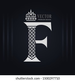 Elegant Capital letter F. Graceful Royal Style. Creative Calligraphic Beautiful Logo. Vintage Drawn Emblem for Book Design, Brand Name, Business Card, Restaurant, Boutique, Hotel. Vector illustration