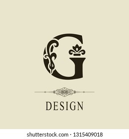 Elegant Capital letter G. Graceful royal style. Calligraphic beautiful logo. Vintage floral drawn emblem for book design, brand name, business card, Restaurant, Boutique, Hotel. Vector illustration