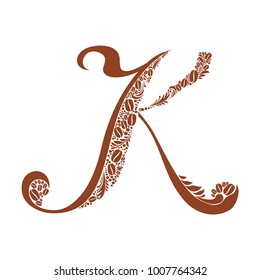 Elegant capital letter K . To use monograms, logos, emblems and initials.  Coffee alphabet isolated on white background. Vector illustration