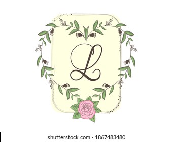 Elegant capital letter L with floral frame, leaves and rose. Calligraphic floral alphabet. Hand drawn composition of flowers. Botanical template design elements for invitation, wedding, greeting cards