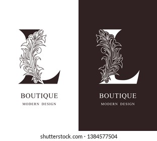 Elegant Capital letter L. Graceful royal style. Calligraphic beautiful logo. Vintage floral drawn emblem for book design, brand name, business card, Restaurant, Boutique, Hotel. Vector illustration