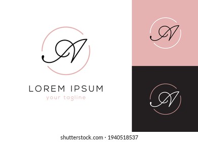 Elegant capital A letter line curve vector logo. Feminine linear monogram in a circle shape.