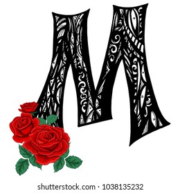 Elegant capital letter M in the style of the Doodle. To use monograms, logos, emblems and initials. Black and white pattern with scarlet roses. hand drawn vector illustration.