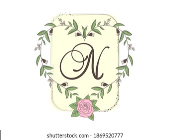 Elegant capital letter N with floral frame, leaves and rose. Calligraphic floral alphabet. Hand drawn composition of flowers. Botanical template design elements for invitation, wedding, greeting cards