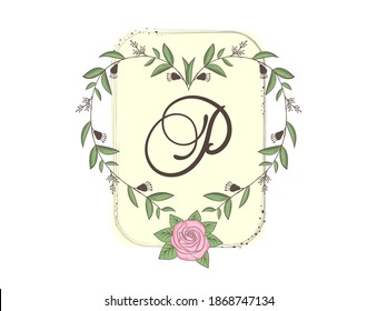 Elegant capital letter P with floral frame, leaves and rose. Calligraphic floral alphabet. Hand drawn composition of flowers. Botanical template design elements for invitation, wedding, greeting cards