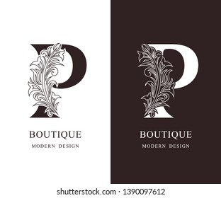 Elegant Capital letter P. Graceful royal style. Calligraphic beautiful logo. Vintage floral drawn emblem for book design, brand name, business card, Restaurant, Boutique, Hotel. Vector illustration