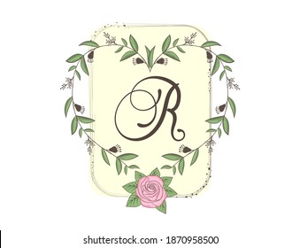 Elegant capital letter R with floral frame, leaves and rose. Calligraphic floral alphabet. Hand drawn composition of flowers. Botanical template design elements for invitation, wedding, greeting cards