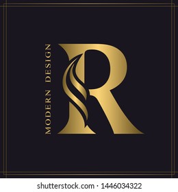 Elegant Capital letter R. Graceful Royal Style. Calligraphic Beautiful Logo. Vintage Gold Drawn Emblem for Book Design, Brand Name, Business Card, Restaurant, Boutique, Hotel. Vector illustration