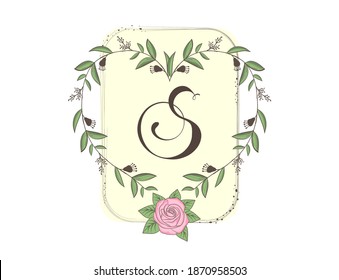 Elegant capital letter S with floral frame, leaves and rose. Calligraphic floral alphabet. Hand drawn composition of flowers. Botanical template design elements for invitation, wedding, greeting cards