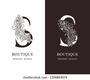 Elegant Capital letter S. Graceful royal style. Calligraphic beautiful logo. Vintage floral drawn emblem for book design, brand name, business card, Restaurant, Boutique, Hotel. Vector illustration