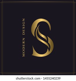 Elegant Capital letter S. Graceful Royal Style. Calligraphic Beautiful Logo. Vintage Gold Drawn Emblem for Book Design, Brand Name, Business Card, Restaurant, Boutique, Hotel. Vector illustration