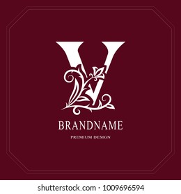 Elegant Capital letter V. Graceful floral style. Calligraphic beautiful logo. Vintage drawn emblem for book design, brand name, business card, Restaurant, Boutique, Hotel, Cafe. Vector illustration