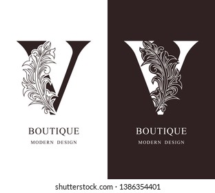 Elegant Capital letter V. Graceful royal style. Calligraphic beautiful logo. Vintage floral drawn emblem for book design, brand name, business card, Restaurant, Boutique, Hotel. Vector illustration